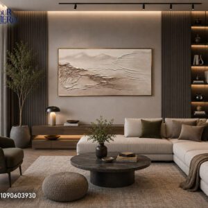 لوحة جدارية مودرن بارزة كلوحة جدارية فخمة من أجمل لوحات مودرن للمجالس في صالة عصرية.
